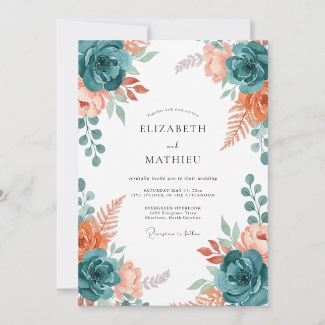 Invitación Boda Coral Polvoriento Verde (Anverso)
