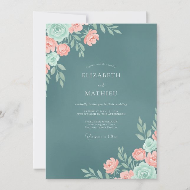 Invitación Boda Coral Ranunculus Polvoriento Eucalipto (Anverso)