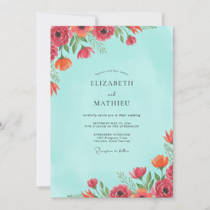 Invitación Boda Coral Rosado Amapola Turquesa