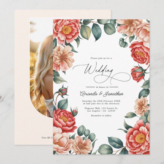 Invitación Boda Coral Rose, Apricot Blush y Soft Mint (Anverso / Reverso)