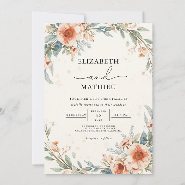 Invitación Boda Coral Rubor Floral Garland (Anverso)