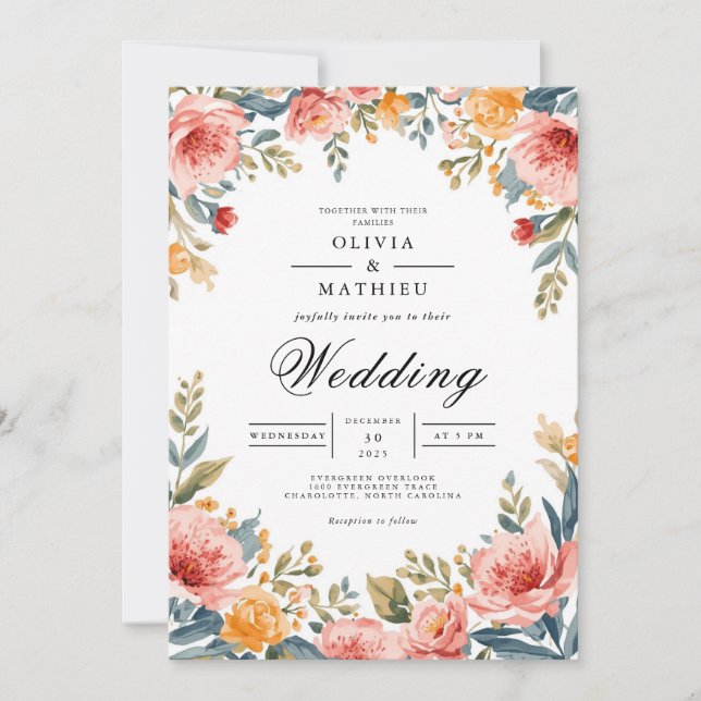 Invitación Boda Coral Rubor Floral Romance (Anverso)