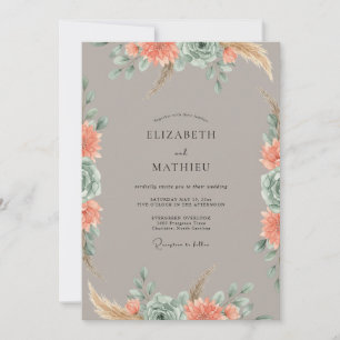 Invitación Boda Coral Taupe Pampas Eucalipto