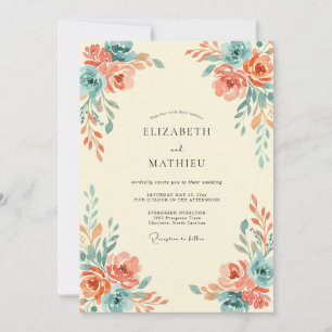 Invitación Boda Coral Verde Turquesa Ranunculus Gris Eucalipt