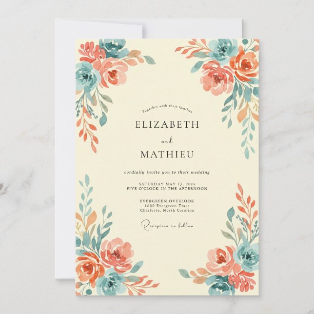 Invitación Boda Coral Verde Turquesa Ranunculus Gris Eucalipt (Anverso)