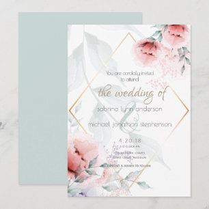 Invitación Boda Coral y Lilac Aquarelle Peonies