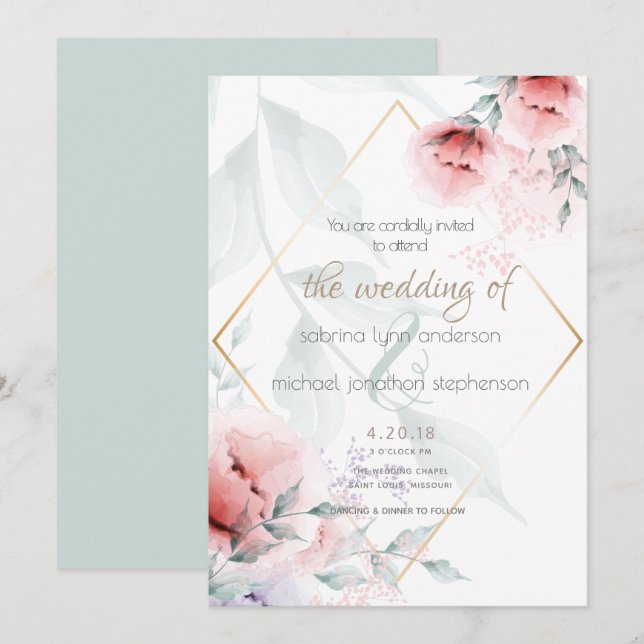 Invitación Boda | Coral y Lilac Aquarelle Peonies (Anverso / Reverso)