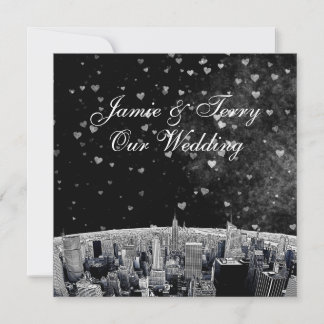 Invitación Boda Corazón Blanco Negro Silueta de NYC Grabada #