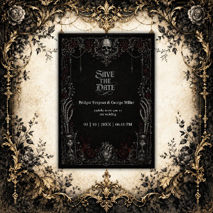 Invitación Boda Corazón Calavera Rosa Negra Gótica