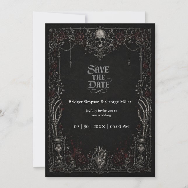 Invitación Boda Corazón Calavera Rosa Negra Gótica  (Anverso)