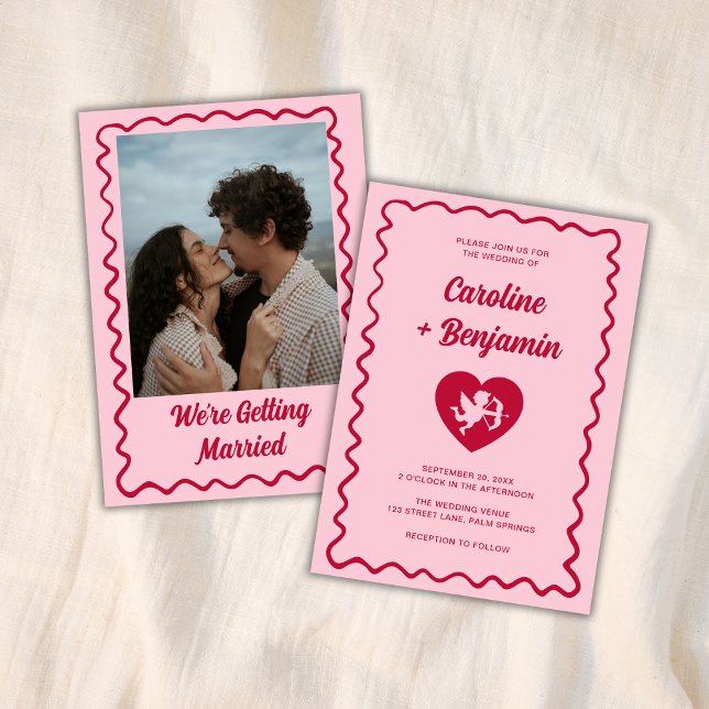Invitación Boda Corazón Cupido Rosa Rojo Marco Ondulado Retro (Subido por el creador)