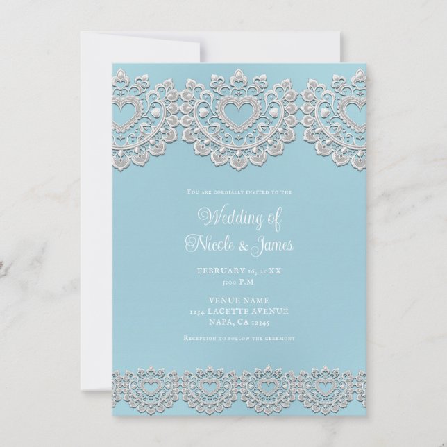 Invitación Boda Corazón de Encaje Blanco Azul Turquesa (Anverso)