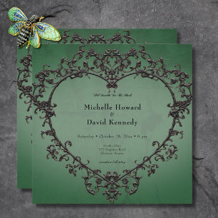 Invitación Boda Corazón de Filigrana Negro y Verde Gótico