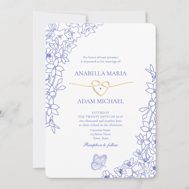 Invitación Boda Corazón Dorado Floral Azul Chinoiserie (Anverso)