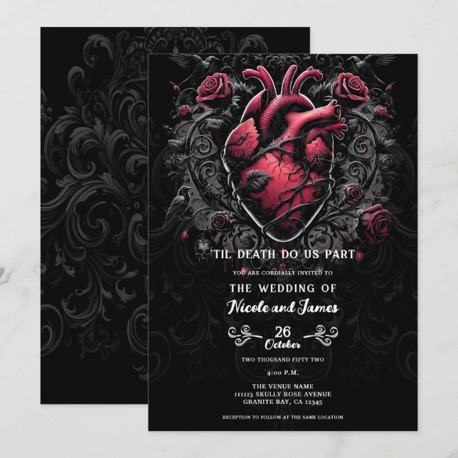 Invitación Boda Corazón Gótico Negro y Rojo  (Anverso / Reverso)