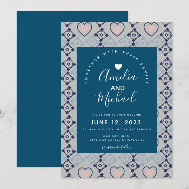 Invitación Boda Corazón Mediterráneo Moderno (Anverso / Reverso)