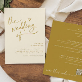 Invitación Boda Corazón Moderno con Letra Dorada y Crema