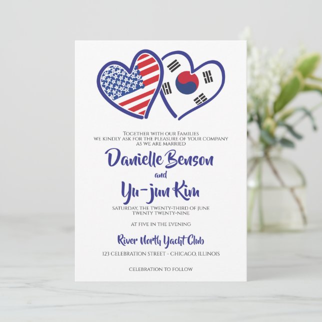 Invitación Boda Corazón Norteamericano de Banderas (Anverso de pie)
