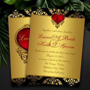 Invitación Boda Corazón Rojo Negro Oro