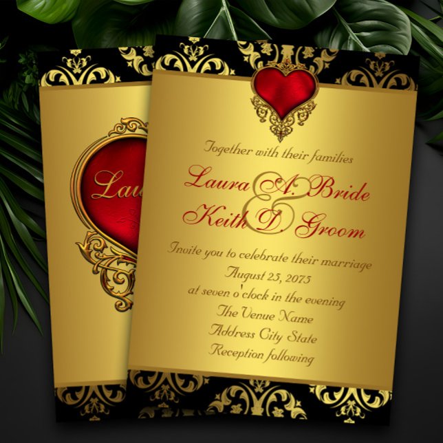 Invitación Boda Corazón Rojo Negro Oro (Elegant red black and gold wedding invitation with beautiful red and gold heart.)
