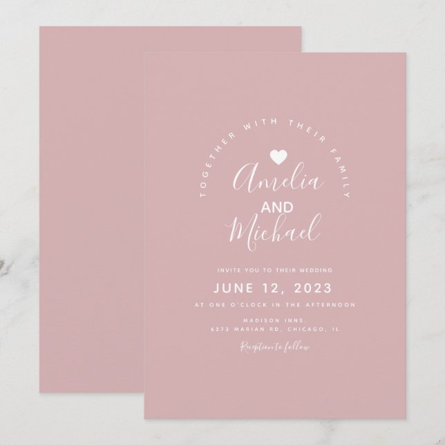 Invitación Boda Corazón Rosa Silenciada Mínima Simple (Anverso / Reverso)