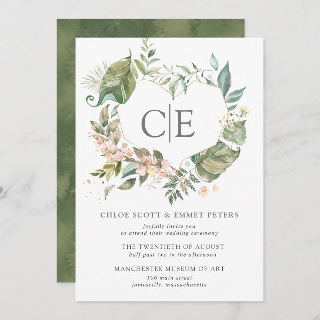 Invitación Boda Corazón Rústico Botánico Rosa Floral (Anverso / Reverso)