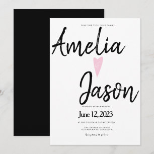 Invitación Boda Corazón Script Marcador Blanco y Negro Simple
