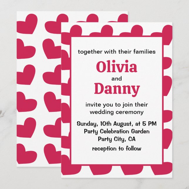 Invitación Boda Corazones Amor Rosa (Anverso / Reverso)