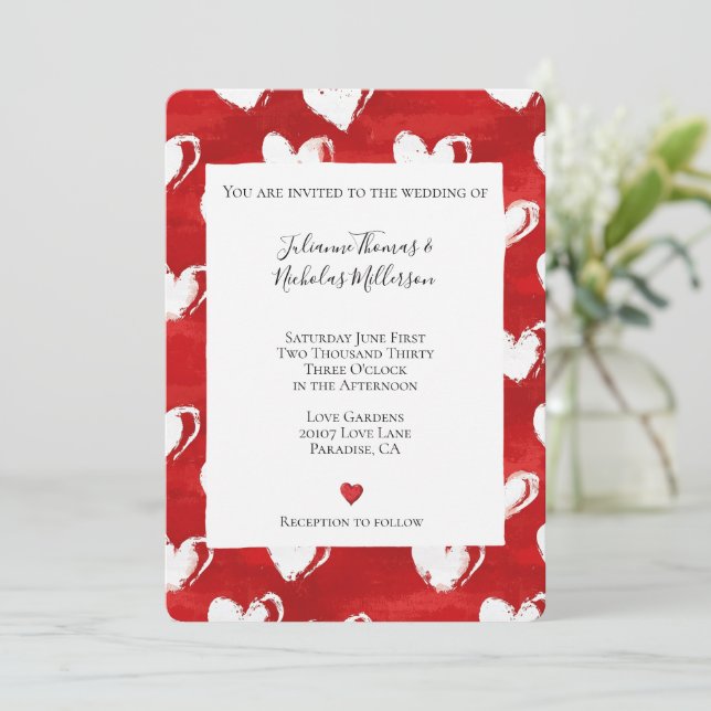Invitación Boda Corazones Blancos Rojos Románticos (Anverso de pie)