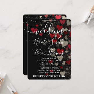 Invitación Boda Corazones Caídos Rojo Retro Personalizado