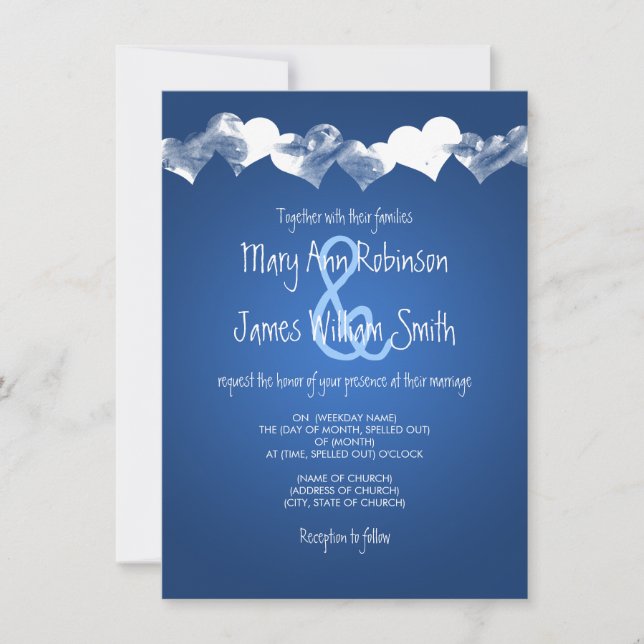 Invitación Boda Corazones Grunge Azul (Anverso)