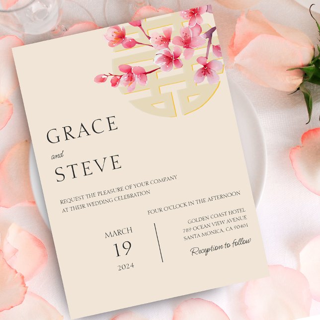 Invitación Boda coreano chino moderno de doble felicidad (Modern Double Happiness Chinese Korean Wedding Invitation)