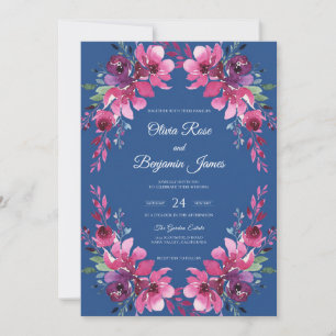 Invitación Boda Corona Acuarela Magenta Cobalto