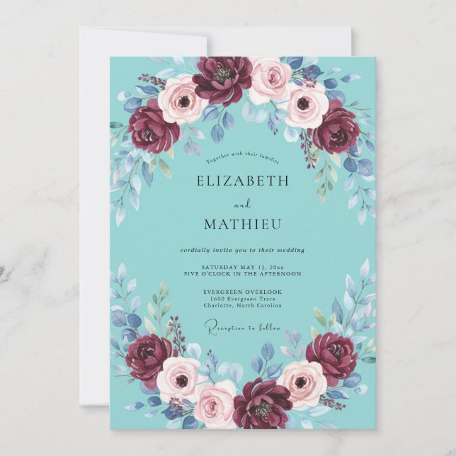 Invitación Boda Corona Acuática Carmesí (Anverso)