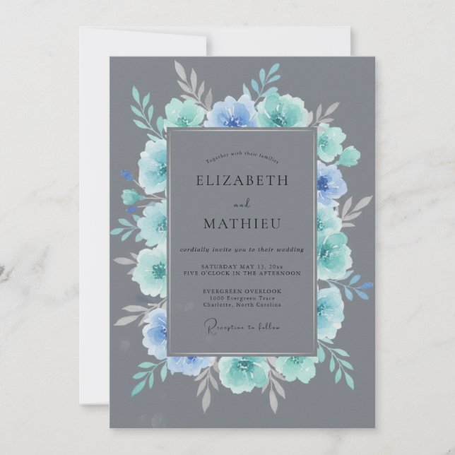 Invitación Boda Corona Acuática Pizarra Celeste (Anverso)