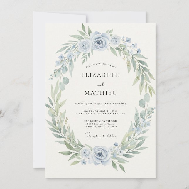 Invitación Boda Corona Azul Pálido (Anverso)