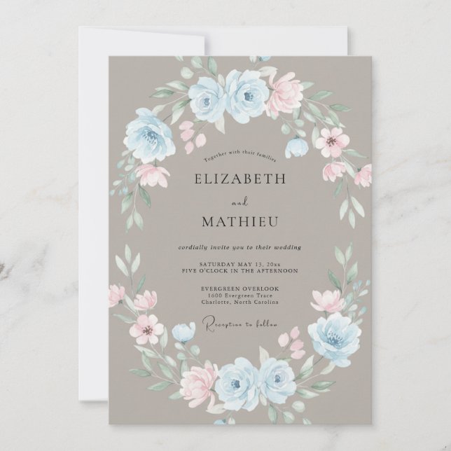 Invitación Boda Corona Azul Polvo Taupe (Anverso)