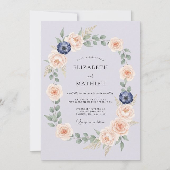 Invitación Boda Corona Botánica Azul Pálido (Anverso)