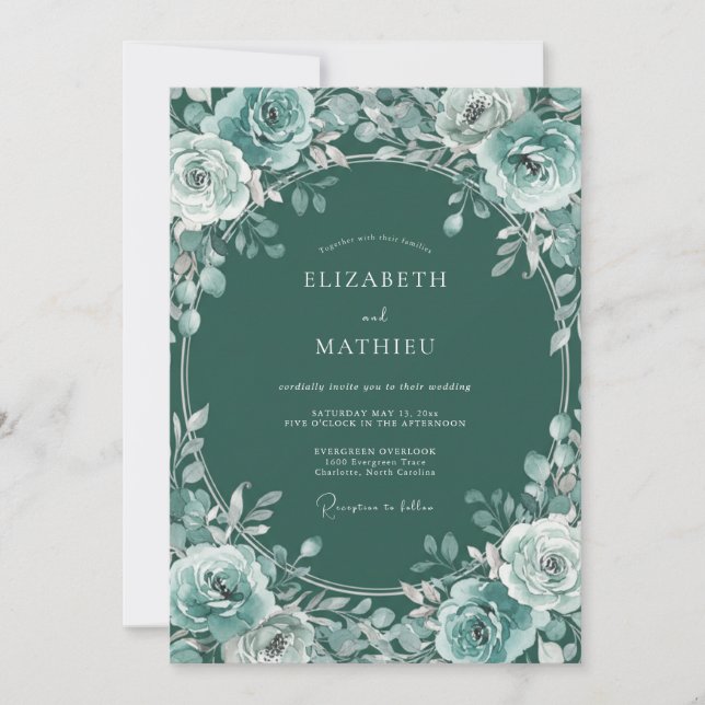 Invitación Boda Corona Botánica Verde Teal (Anverso)