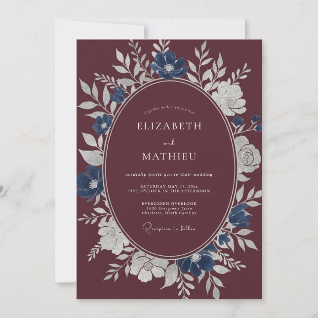 Invitación Boda Corona de Acero Azul Granate (Anverso)