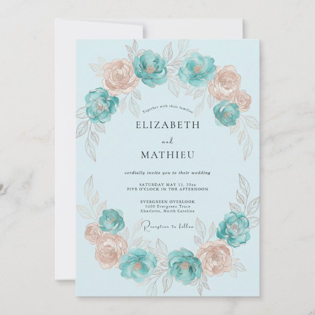 Invitación Boda Corona de Aqua Champagne (Anverso)
