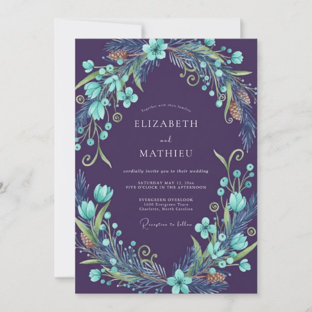 Invitación Boda Corona de Aqua Ciruela (Anverso)