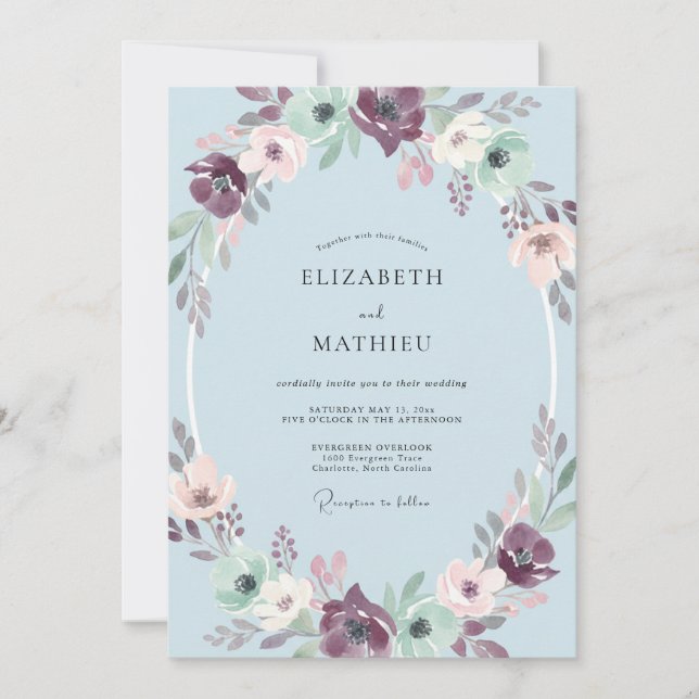 Invitación Boda Corona de Azul Malva (Anverso)