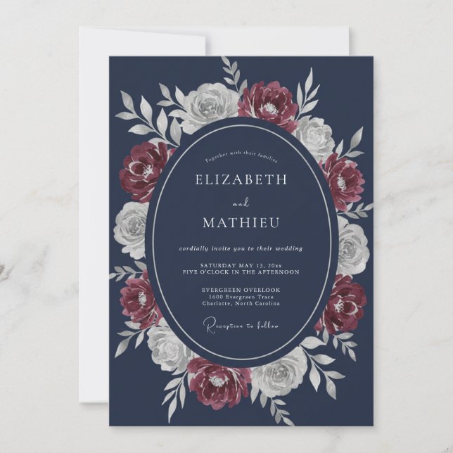 Invitación Boda Corona de Borgoña Profunda de Medianoche (Anverso)