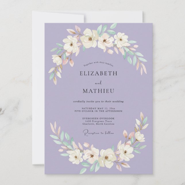 Invitación Boda Corona De Botánica Periwinkle Menta (Anverso)
