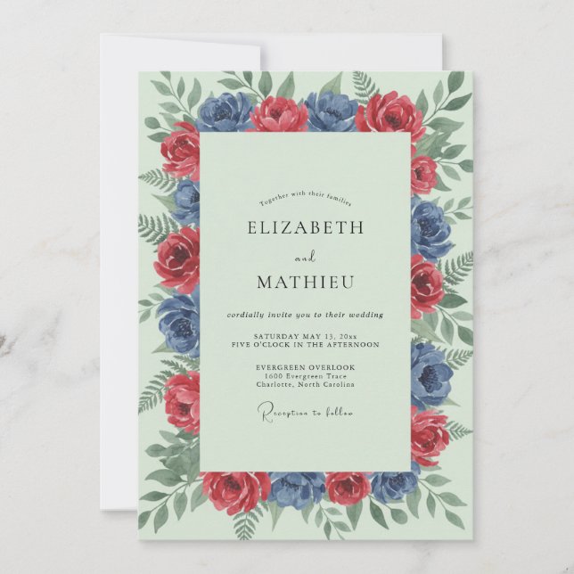 Invitación Boda Corona de Carmesí Cobalto (Anverso)