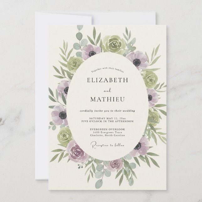 Invitación Boda Corona de Celadón Lila (Anverso)