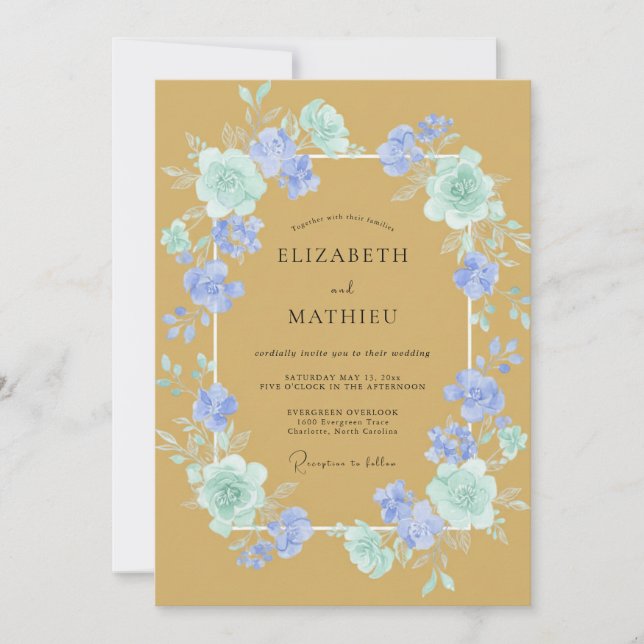 Invitación Boda Corona de Celadón Mostaza (Anverso)