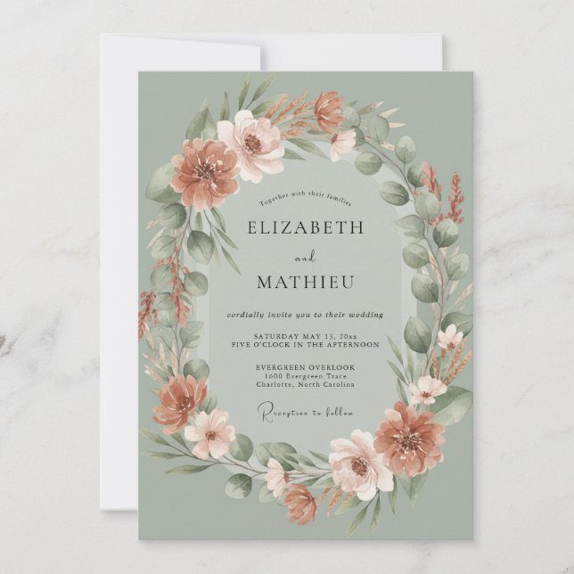Invitación Boda Corona de Celadón Polvoriento (Anverso)