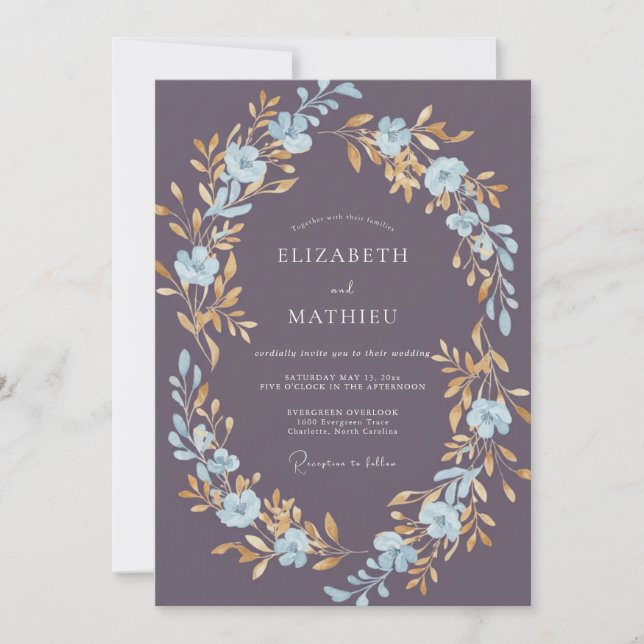 Invitación Boda Corona de Champán de Oro Ciruela (Anverso)